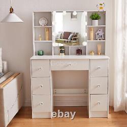 Modern Dressing Table Set with LED Light Mirror 7Drawers 7Shelves Bedroom White