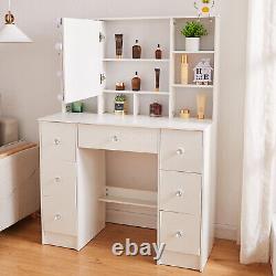 Modern Dressing Table Set with LED Light Mirror 7Drawers 7Shelves Bedroom White