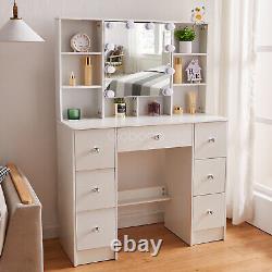 Modern Dressing Table Set with LED Light Mirror 7Drawers 7Shelves Bedroom White