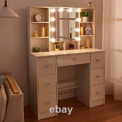 Modern Dressing Table Set with LED Light Mirror 7Drawers 7Shelves Bedroom White