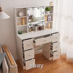 Modern Dressing Table Set with LED Light Mirror 7Drawers 7Shelves Bedroom White