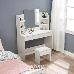 Modern Dressing Table With 2 Drawers 4 Shelves Large Mirror Makeup Set in White UK