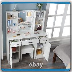Modern Dressing Table With LED Lights Mirror 6 Shelves Stool Vanity Makeup Desk