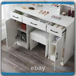 Modern Dressing Table With LED Lights Mirror 6 Shelves Stool Vanity Makeup Desk