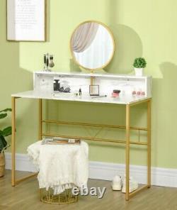 Modern Dressing Table With Open Storage Round Mirror Faux Marble Bedroom White