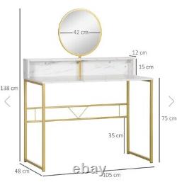 Modern Dressing Table With Open Storage Round Mirror Faux Marble Bedroom White