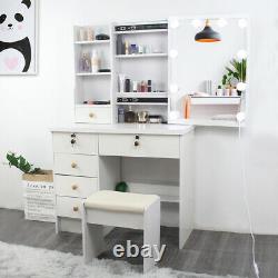 Modern Dressing Table with 6 Drawers Stool LED Lighted Mirror Makeup Set White