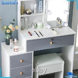 Modern Dressing Table with LED Lights Mirror Vanity Desk/Stool Set Makeup Drawers