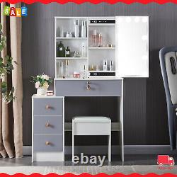 Modern Dressing Table with LED Mirror and Large Drawers and Storage Shelves