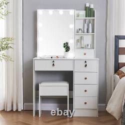 Modern LED Dressing Table Makeup Desk With Stool Mirror Bedroom Vanity Set White