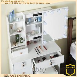 Modern Makeup Desk LED Lights Bedroom Table with Mirror Drawers Set Vanity Dresser