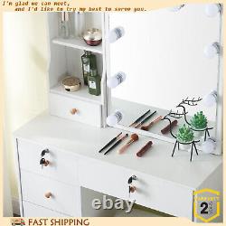 Modern Makeup Desk LED Lights Bedroom Table with Mirror Drawers Set Vanity Dresser