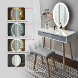 Modern Makeup Dressing Table Vanity Stool Set LED Lights Mirror Storage Drawers