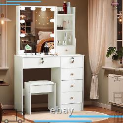 Modern Makeup Dressing Table with Sliding Mirror & 10 LED Bulbs Bedroom Vanity Set