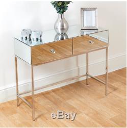 Modern Mirrored Dressing Table 2 Drawers Crystal Handles Mirror Console Table