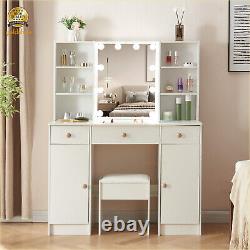 Modern Vanity Makeup Desk With Lighted Mirror 6 Shelves Dressing Table Stool Set