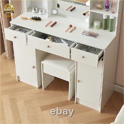 Modern Vanity Makeup Desk With Lighted Mirror 6 Shelves Dressing Table Stool Set