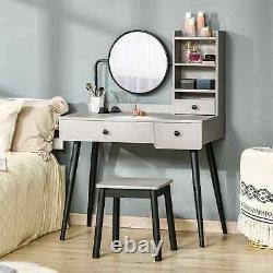 Modern Vanity Set Dressing Table Round Mirror Chair Jewelry Makeup Storage Grey
