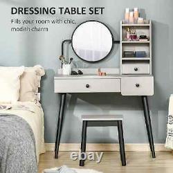 Modern Vanity Set Dressing Table Round Mirror Chair Jewelry Makeup Storage Grey