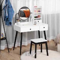 Modern Vanity Set Mirror Dressing Table Makeup Storage Shelf Drawer Chair White