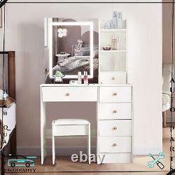 Modern Wood Makeup Vanity Table Set Mirror Dressing Desk with Drawers Stool