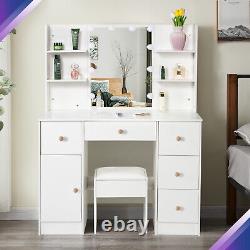 Morden Vanity Desk Set WithLED Bulbs Mirror 5-Drawers Makeup Dressing Table Stool