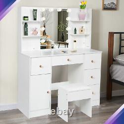 Morden Vanity Desk Set WithLED Bulbs Mirror 5-Drawers Makeup Dressing Table Stool