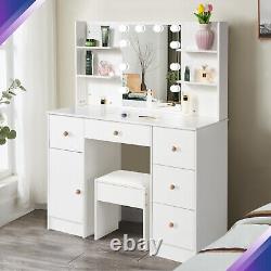 Morden Vanity Desk Set WithLED Bulbs Mirror 5-Drawers Makeup Dressing Table Stool