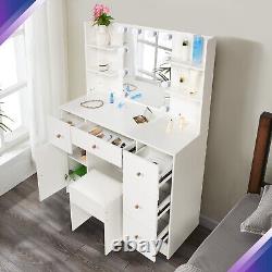 Morden Vanity Desk Set WithLED Bulbs Mirror 5-Drawers Makeup Dressing Table Stool