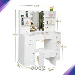 Morden Vanity Desk Set WithLED Bulbs Mirror 5-Drawers Makeup Dressing Table Stool