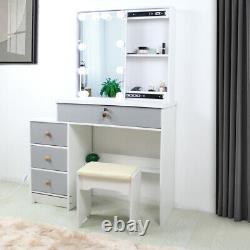NEW Modern Dressing Table Stool Set Makeup Desk with LED Mirror & Drawers Bedroom