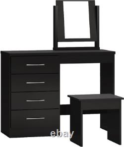 Nevada 4 Drawer Dressing Table Set Mirror Stool in Black Gloss Finish PU Leather