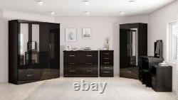 Nevada 4 Drawer Dressing Table Set Mirror Stool in Black Gloss Finish PU Leather