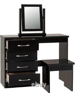 Nevada 4 Drawer Dressing Table Set Mirror Stool in Black Gloss Finish PU Leather