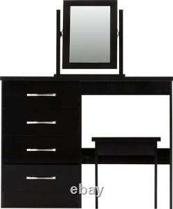 Nevada 4 Drawer Dressing Table Set Mirror Stool in Black Gloss Finish PU Leather