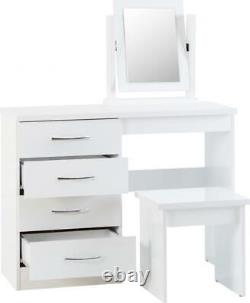 Nevada 4 Drawer Dressing Table Set in White Gloss Stool and Mirror