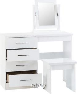 Nevada White Gloss 4 Drawer Dressing Table Set Inc Stool Mirror Bedroom