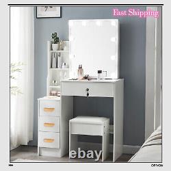 New Dressing Table with LED Lights Sliding Mirror And 4-Drawers Vanity Makeup Desk