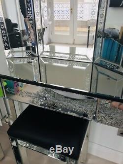 New Stunning Venetian Mirrored Crystal Dressing Table, Mirror & Stool Set