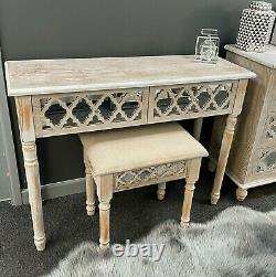 Newport Lattice Mirrored Washed Ash 2 Drawer Console Dressing Table & Stool Set