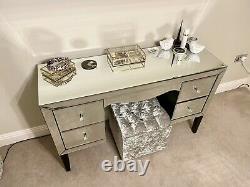 Next Mirrored Glass Dressing Table With Drawers And Crushed Velvet Stool Pouffe