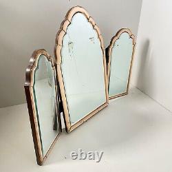 Original 1930's Art Deco Triple Dressing Table Mirror Peach Bevelled Glass
