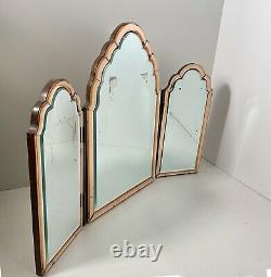Original 1930's Art Deco Triple Dressing Table Mirror Peach Bevelled Glass