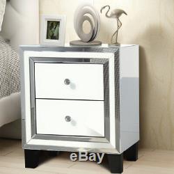 Pair Bedroom Dressing Bedside Table 2 Drawer Mirrored Glass Cabinet Tables White