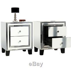 Pair Bedroom Dressing Bedside Table 2 Drawer Mirrored Glass Cabinet Tables White