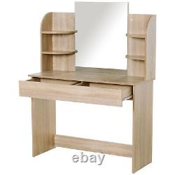 Particle Board Glass Mirror Dressing Table with Shelves Oak Tone