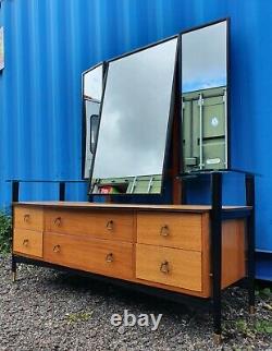 RETRO Mid Century TEAK & EBONY dressing table + triple mirrors + glass shelves