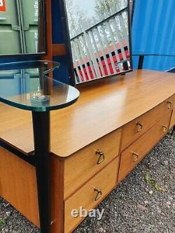 RETRO Mid Century TEAK & EBONY dressing table + triple mirrors + glass shelves