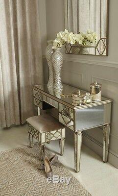Sahara Antique Gold Mirrored Glass 5 Drawer Console Dressing Table Bedroom