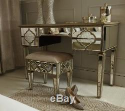 Sahara Antique Gold Mirrored Glass Upholstered Vanity Dressing Stool Bedroom
